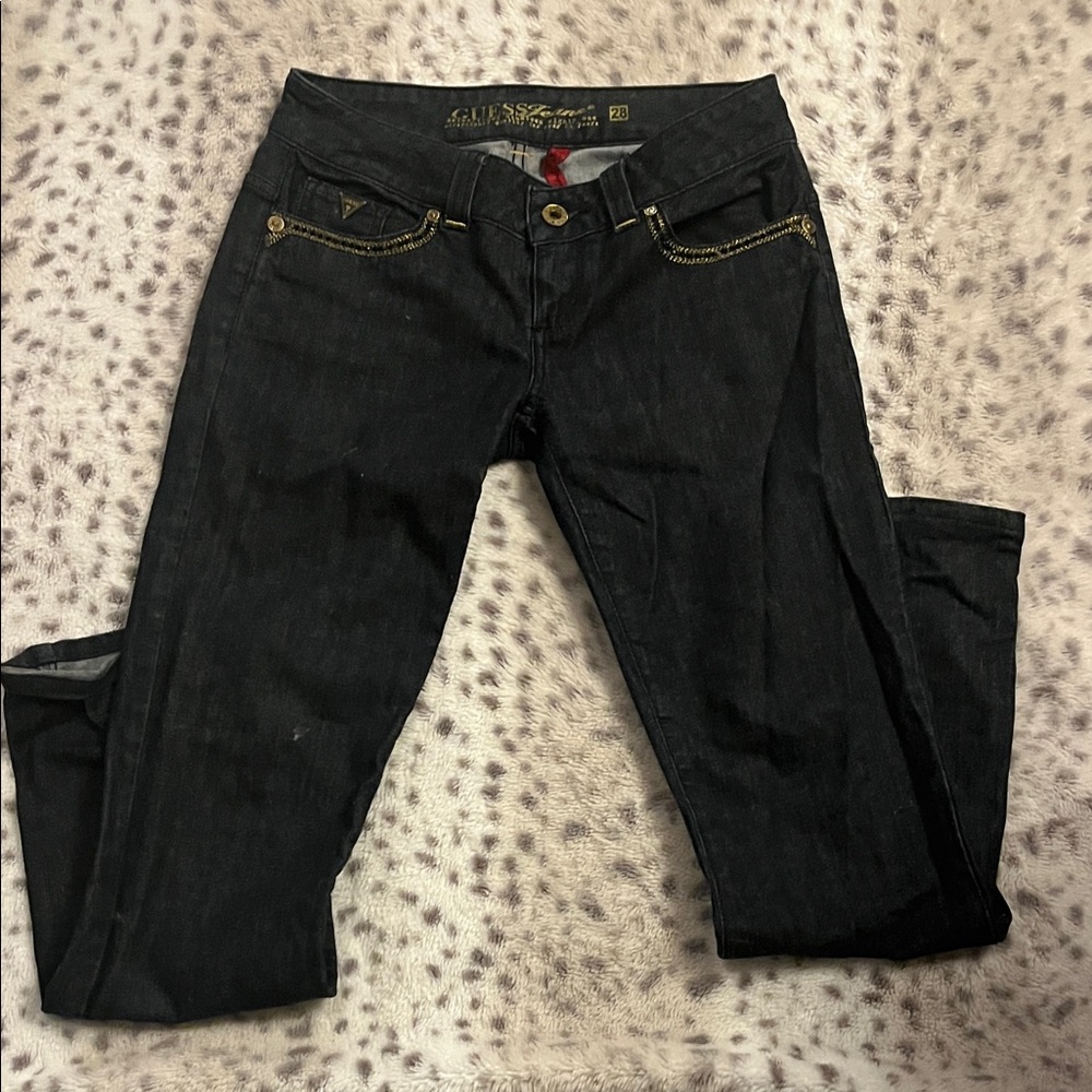 Guess Women's Black Jeans with gold stitching